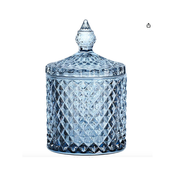 Diamond Cut Glass Trinket Jar with Lid – Blue Large