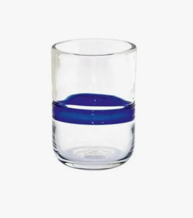 Clear glass with a blue band around the middle on a white background